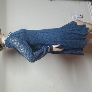 Umgee NEW Blue Lace Stripe Trim Long Sleeve Lined Preppy Dress Size Small